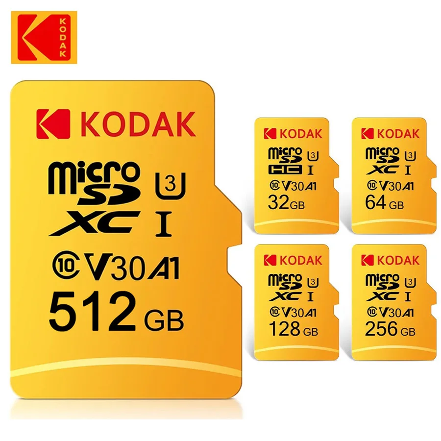 KODAK 마이크로 SD 메모리 카드, 휴대폰 드론 카메라용 메모리 카드, C10 TF 마이크로 SD SDXC, 128GB, 256GB, 512GB, U3 V30, 4K, 64GB, 32GB