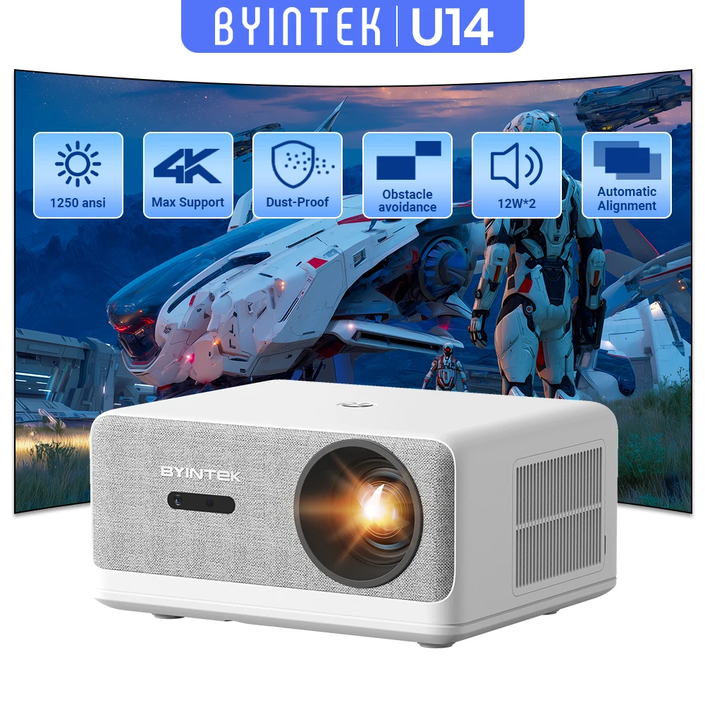 BYINTEK LOVE U14 풀 HD 1080P 프로젝터, 1250ANSI 자동 초점 홈 시어터 시네마 프로젝터, 4K 스마트 블루투스 와이파이 6 지원