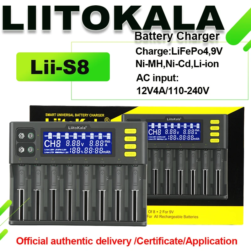 LiitoKala Lii-S8 LCD 범용 충전기 (18650, 26650, 21700, 26700, 18350, AA, AAA, 9V 리튬이온, 니켈수소, 리튬인산철, IMR 배터리 3.7V, 1.2V 호환)