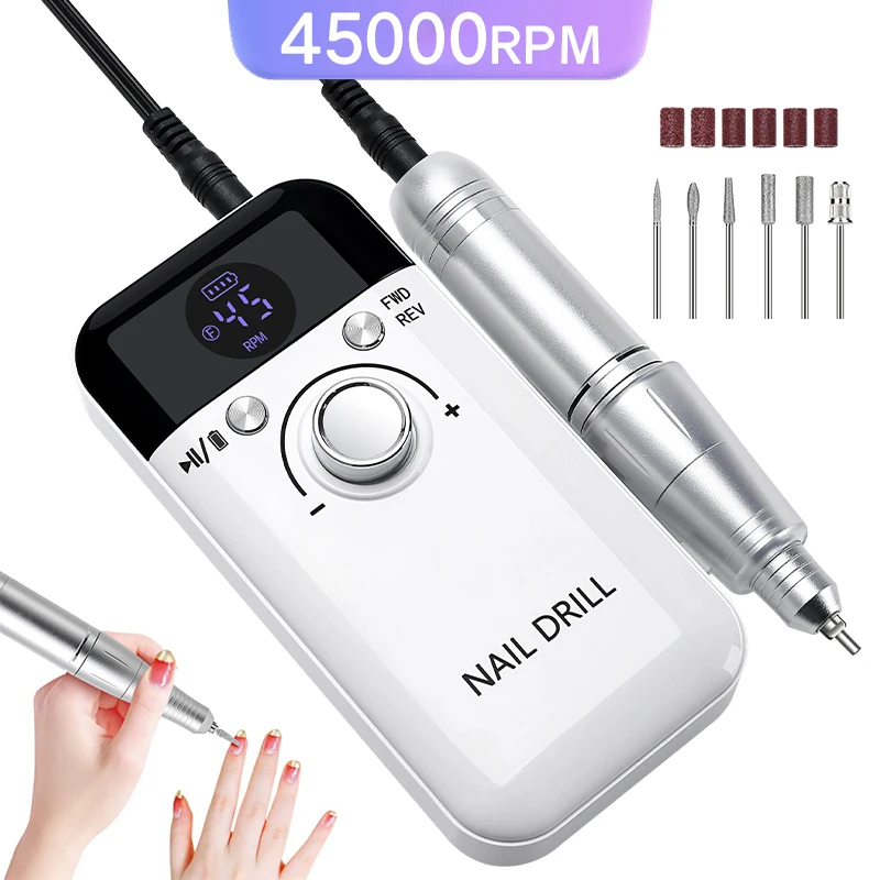 저소음 휴대용 네일 드릴 머신을 갖춘 45000RPM 네일 드릴 머신 매니큐어 살롱 도구 용 충전식 네일 샌더 파일