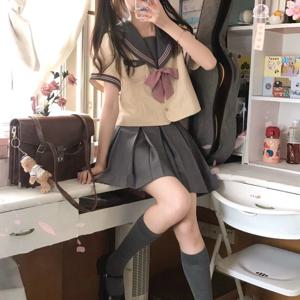 플러스 사이즈 여성용 주름 스커트가 있는 루즈핏 일본풍 세일러복 세트, 반팔 네이비 칼라 여성 패션 앙상블