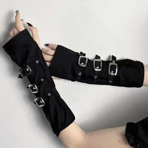 다크 메탈 단추 커프스, 고딕 하프 오픈 핑거 손목 밴드, 장갑 스트랩, 팔 워머, 펑크 Y2k 자외선 차단 슬리브, 할로윈
