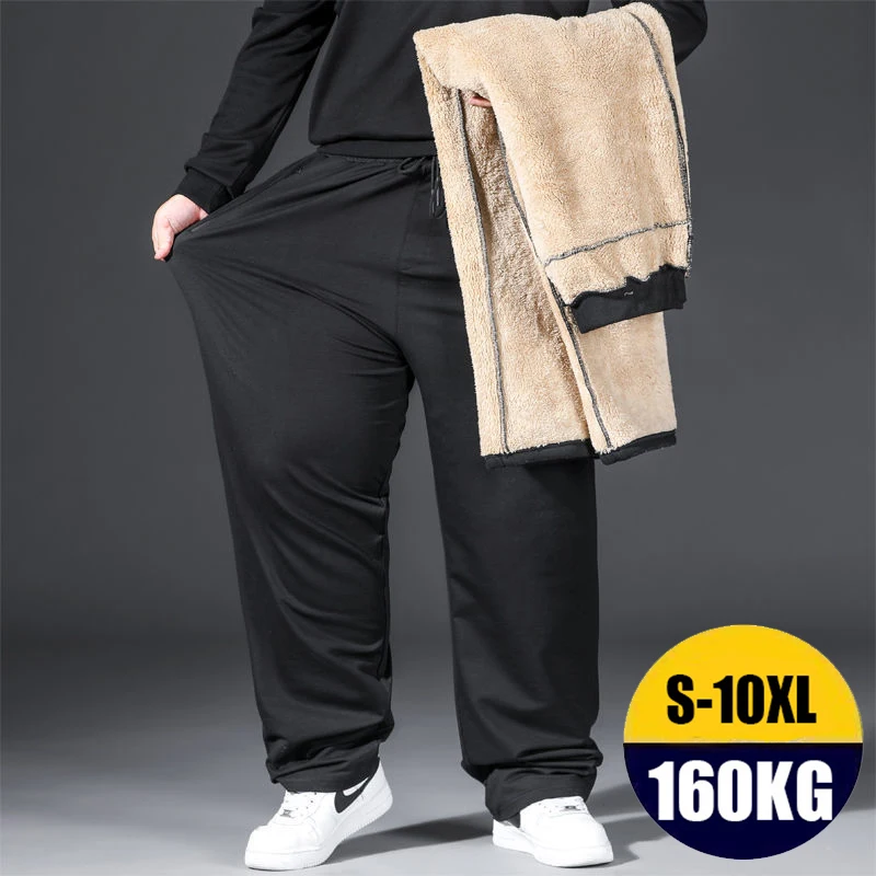 10XL 검은 겨울 바지 남성 특대 따뜻한 플러시 보풀 두꺼운 바지 바지 특대 편안한 탄성 허리 큰 바지 남성