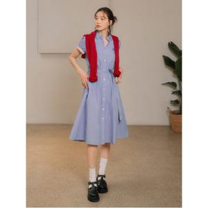 [25SS]코튼 혼방 깅엄 체크 반소매 셔츠 원피스  블루 (BF5471C06P)