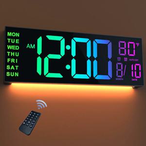16인치 무소음 디지털 LED 벽시계 무드등 밝기조절 리모컨 날짜 알람 시계 OWT-RBW16