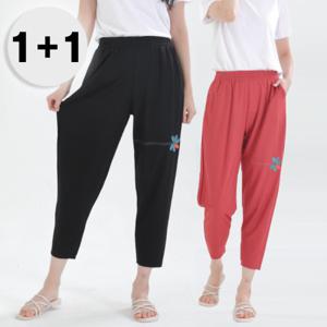 1+1 꽃자수 밴딩 린넨 밴딩 팬츠 통바지 중년바지(4color)