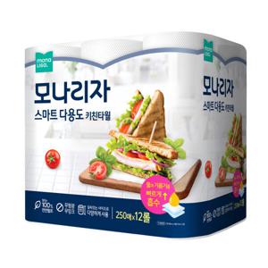 모나리자 스마트 다용도 키친타올 250매 12롤  천연펄프 100% 오래쓰는 KT
