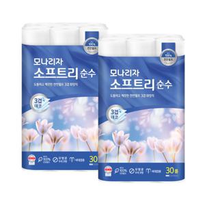 모나리자  천연펄프 소프트리 순수 3겹 30M 30롤 2팩 무형광 무색 무향 안심 화장지