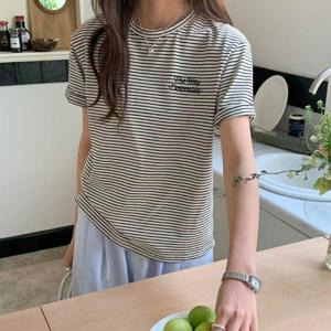 여름 면 티셔츠 레터링 스트라이프 라운드넥 여성 반팔티