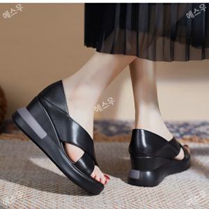 웨지 굽 샌들 여성 키높이 통굽샌들 +7cm 가죽샌들 부드러움/변형 방지/찢어짐 방지/통기