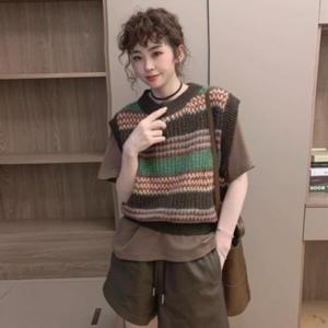 여성 베스트(조끼)/여성 니트 조끼 루즈핏 스트라이프 탑 가을 민소매 캐시미어 스웨터 조끼