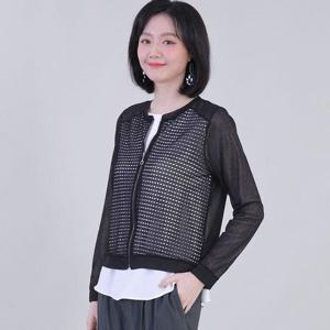 [애비뉴투지]엄마옷 펀칭 망사 쉬폰 여성 봄 여름 지퍼 라운드 블랙 긴팔 가디건 J08339 50대 60대 중년..