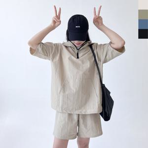 블레오 여성 여름 아노락 후드 반팔 티셔츠 밴딩 반바지 세트