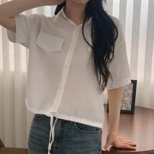 [다잇템]여자 시스루남방 크롭 스트랩 카라넥 흰 셔츠