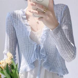 [패션시그널] 러플엣지라인 리본끈 썸머가디건 3C6F44