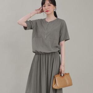 [애비뉴투지]엄마옷 포켓 실버 반 지퍼 라운드 여성 여름 반팔 블라우스+허리밴드 플리츠 치마 세트 H084..