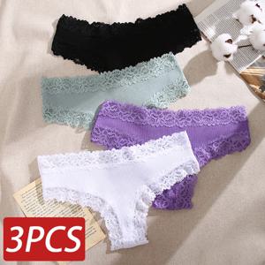 3PCS 레이스 원활한 코 튼 팬티 늑골이있는 브라질 바지 낮은 허리 여성 팬티 통기성 여자 속옷 플러스 크기 란제리