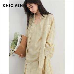 CHIC VEN 여성 드레스 세트 스트라이프 셔츠 루즈 캐주얼 긴 소매 선 스크린 블라우스 캐미솔 v 넥 드레스 봄 가을 2025