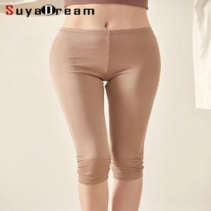 SuyaDream 여성 레깅스 니트 천연 실크 3/4 길이 슬림 팬츠 Anti Emptied Bottoms Black Khkai