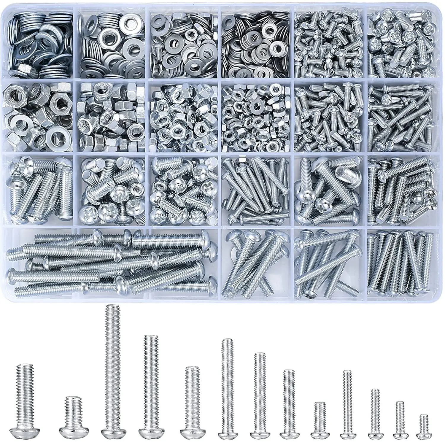 1080pc 나사 볼트 및 너트 및 플랫 와셔 조합 키트, 미터법, M3/M4/M5/M6 크로스 슬롯 플랫 헤드 육각 볼트 및 너트 세트
