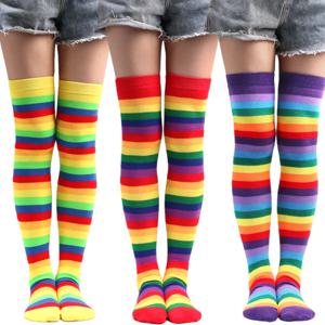 새로운 화려한 무지개 스타킹 줄무늬 긴 양말 무릎 허벅지 높은 양말 학교 여자 JK 유니폼 할로윈 코스프레 액세서리