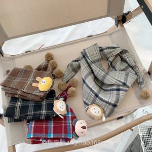 귀여운 곰 체크 무늬 어린이 삼각형 스카프, 올 매치, 소년 소녀, 면 스카프, 가을 겨울, 24W014, 신제품