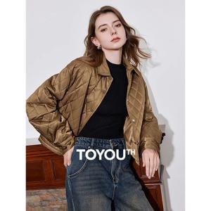 TOYOUTH 여성용 코튼 재킷, 올드 머니 스타일, 그리드 폴로 칼라, 스냅 단추, 짧은 재킷, 코트 다크 브라운, 2024 가을 및 겨울 신상