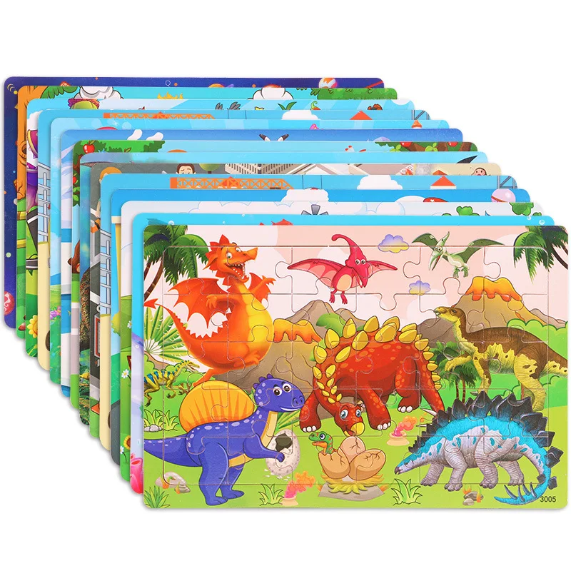 새로운 나무 30pcs 퍼즐 어린이 동물 공룡 만화 비행기 퍼즐 아기 조기 교육 및 지적 빌딩 블록 장난감