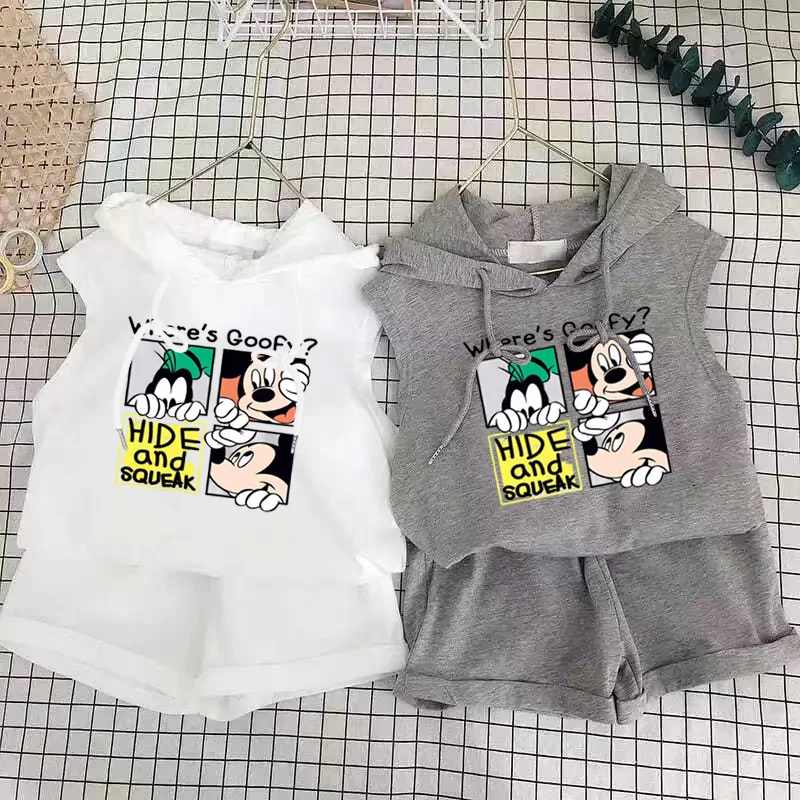 만화 미키 티셔츠 조끼 + 반바지 2Pcs 정장 어린이 세트 어린이 상단 및 하단 의류 세트 의류 키즈 복장 디즈니