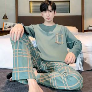 남성용 긴팔 잠옷 세트, 학생용 잠옷, O넥 상의, 격자 무늬 바지, 투피스 홈웨어, 용수철 가을