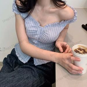 Chic ort Sve 슬림핏 스트라이프 irt Korean Sle 여성용 Faionable Gentle Wood ain Tea Flavor Top