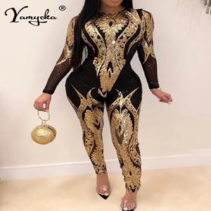 섹시한 긴 소매 스팽글 bodycon 점프 슈트 여성 바디 바디 슈트 원피스 생일 파티 나이트 클럽 의상 여성 점프 슈트 전체