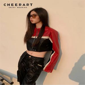 CHEERART 여성용 오토바이 가죽 재킷, 블랙, 레드, 집업 패치워크 바이커 크롭 재킷, 가을 패션, 2023