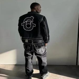 힙합 편지 수 놓은 재킷 청바지 두 조각 Y2K streetwear 남성 여성 tracksuit 레트로 느슨한 가죽 바이커 펑크 재킷 세트