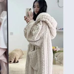 여성용 포켓 가운 잠옷 겨울 Nightdress Night Wears 따뜻한 양털 잠옷 원피스 잠옷 후드 슬리핑 홈웨어