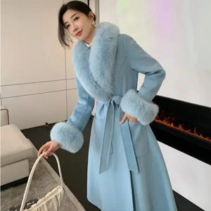 OFTBUY 캐시미어 모직 코트 2024 가을 겨울 여성 스타일 폭스 모피 코트 빅 모피 칼라 롱 스커트 슬림 롱 자켓 하이 스트리트