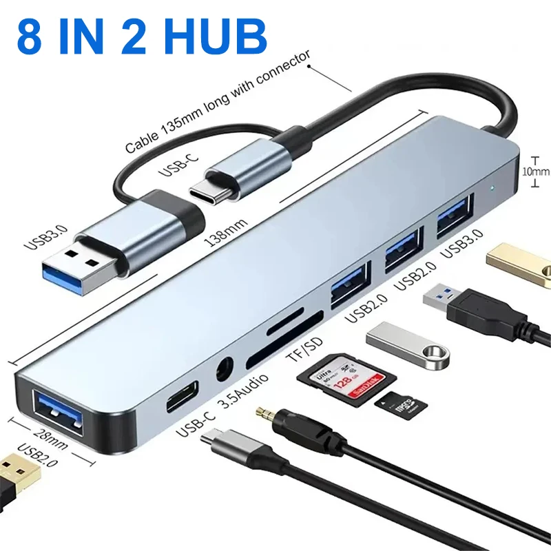 8 in 2 USB + 유형 C 허브 도킹 스테이션(3.5mm 오디오 잭 어댑터 포함) 마이크로 SD 카드 리더기 노트북 태블릿 전화 디스크 변환기
