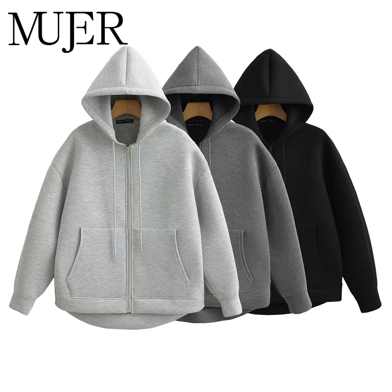 MUJER 지퍼 업 후드 여성 가을 ​​후드 티셔츠 여성 긴 소매 오버 사이즈 여성용 스웨터 지퍼 후드 여성 자켓
