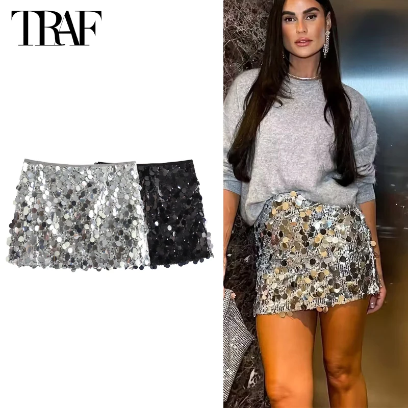 TRAF 2024 스팽글 미니 스커트 여성 여성용 럭셔리 하이 웨스트 스커트 패션 여름 여성 스커트 streetwear 반짝이 짧은 스커트