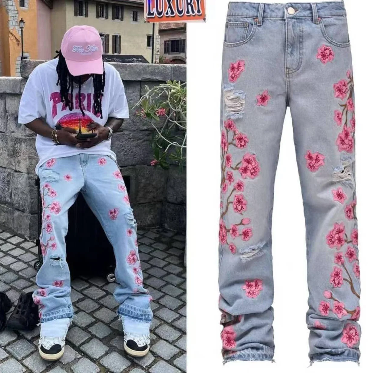 남성 청바지 프린트 스트레이트 바지 남성 데님 진 버튼 포켓 바지 streetwear 하이 스트리트 중반 허리 홀 스플 라이스 봄 여름