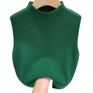 여성용 조끼 탱크 탑 솔리드 컬러 니트 티셔츠 탑 크롭 탑 캐미솔 스웨터 하프 터틀넥 봄 가을 민소매