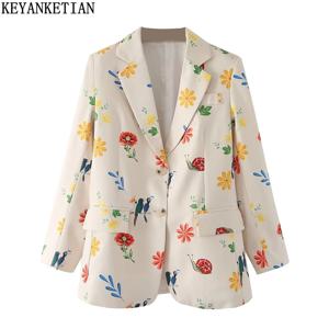KEYANKETIAN 여성 봄 옷 새로운 목가적 인 스타일 프린트 정장 재킷 여성 단일 행 버튼 업 포켓 꽃 정장 탑