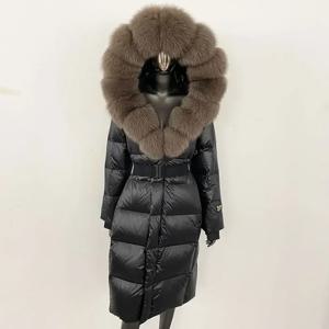여성용 다운 코트, 진짜 여우 모피 칼라, 후드 모피 재킷, 두꺼운 가을 모자, 탈착식 X-롱 화이트 덕 다운 재킷 오버웨어, 겨울