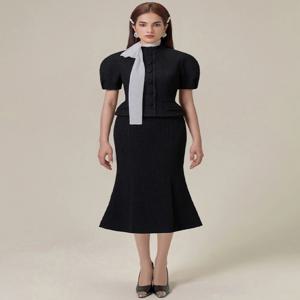 Tailor Shop 레트로 슬림하고 클래식 블랙 겨울 트위드 라이트 럭셔리 탑과 피쉬테일 스커트 세미 포멀 의상