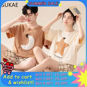 SUKAE 100% 코튼 여름 새로운 패션 반팔 짧은 바지 커플 잠옷 연인을위한 부드러운 코튼 카와이 만화 잠옷