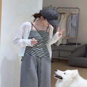 화이트 긴팔 얇은 아우터 여성 여름 자외선 차단 가디건 스트라이프 튜브탑 투피스 세트 루즈핏 스타일