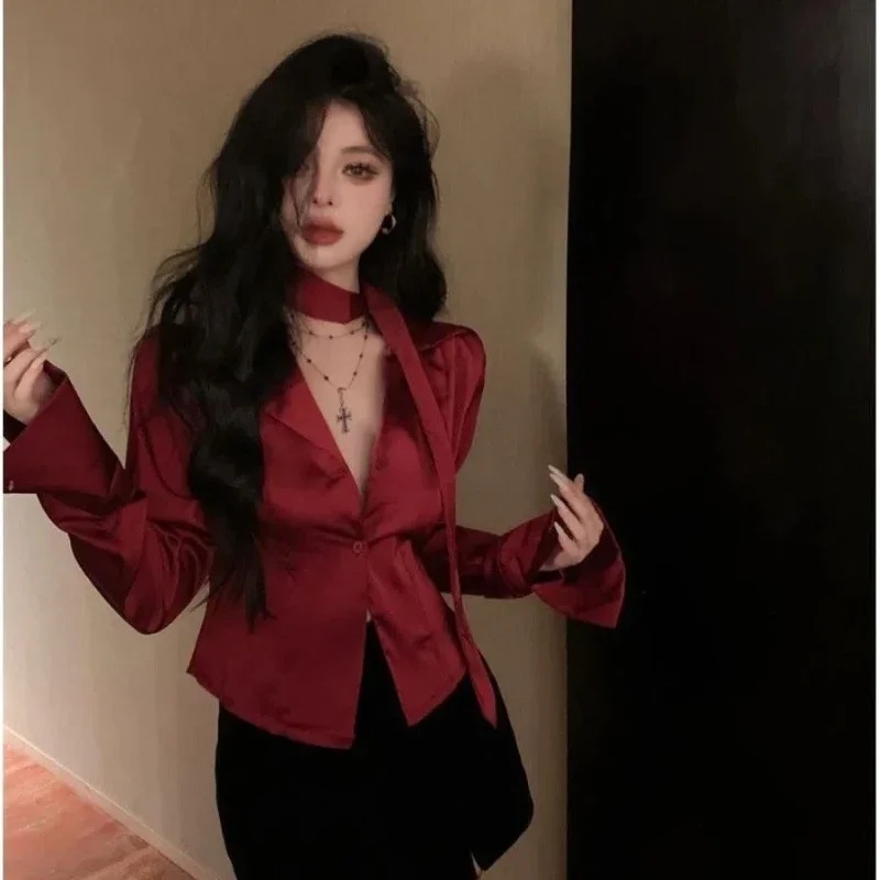 여성용 레드 세트 칼라 긴팔 셔츠, 프렌치 스타일 허리 조임 슬림핏 캐주얼 셔츠, 독특하고 시크한 리본 탑