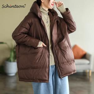 Schinteon-캐주얼 화이트 오리털 후드 루즈핏 오버 사이즈 패치워크 코트 여성용, 한국 스타일, 가을 겨울 외투