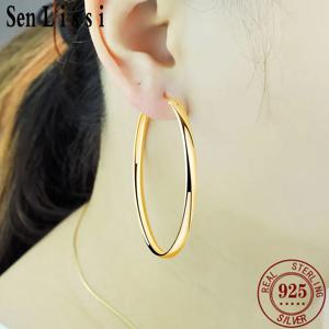 Senlissi - 여성을위한 새로운 18K 골드 도금 후프 귀걸이 925 스털링 실버 3.0mm 패션 귀걸이 Cерьги Kольца 3/4/5/6/7CM