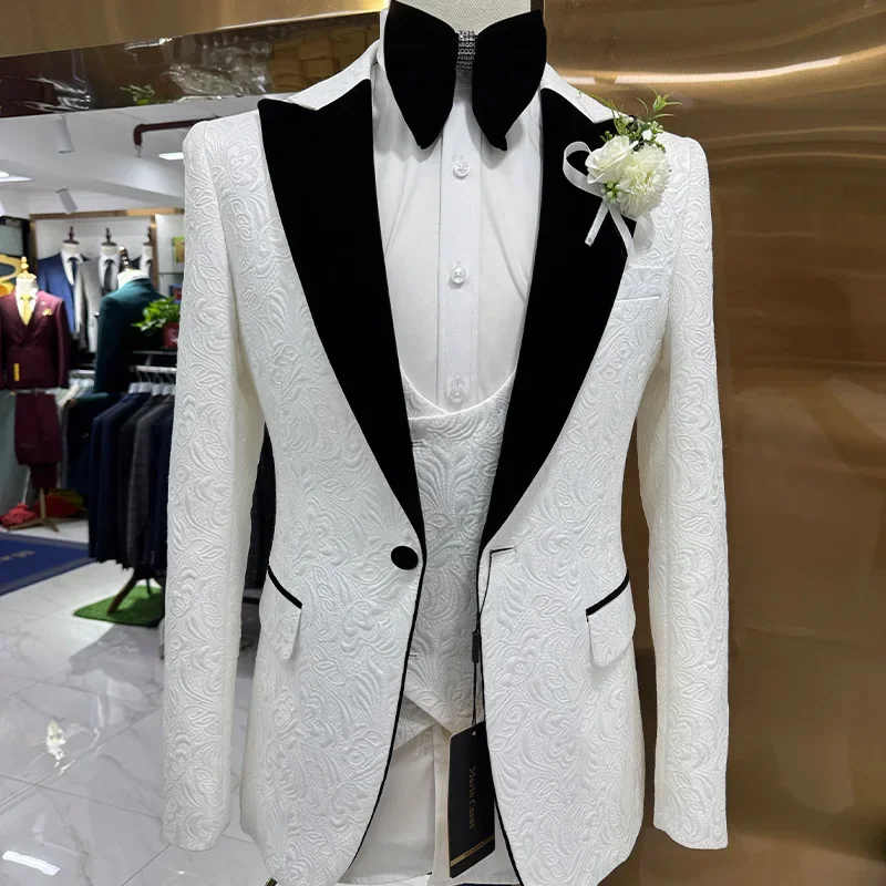 Thorndike 남성용 웨딩 수트, 화이트 자카드, 블랙 새틴 칼라 턱시도, 신랑 테르노 수트, 재킷, 조끼, 바지, 3 개